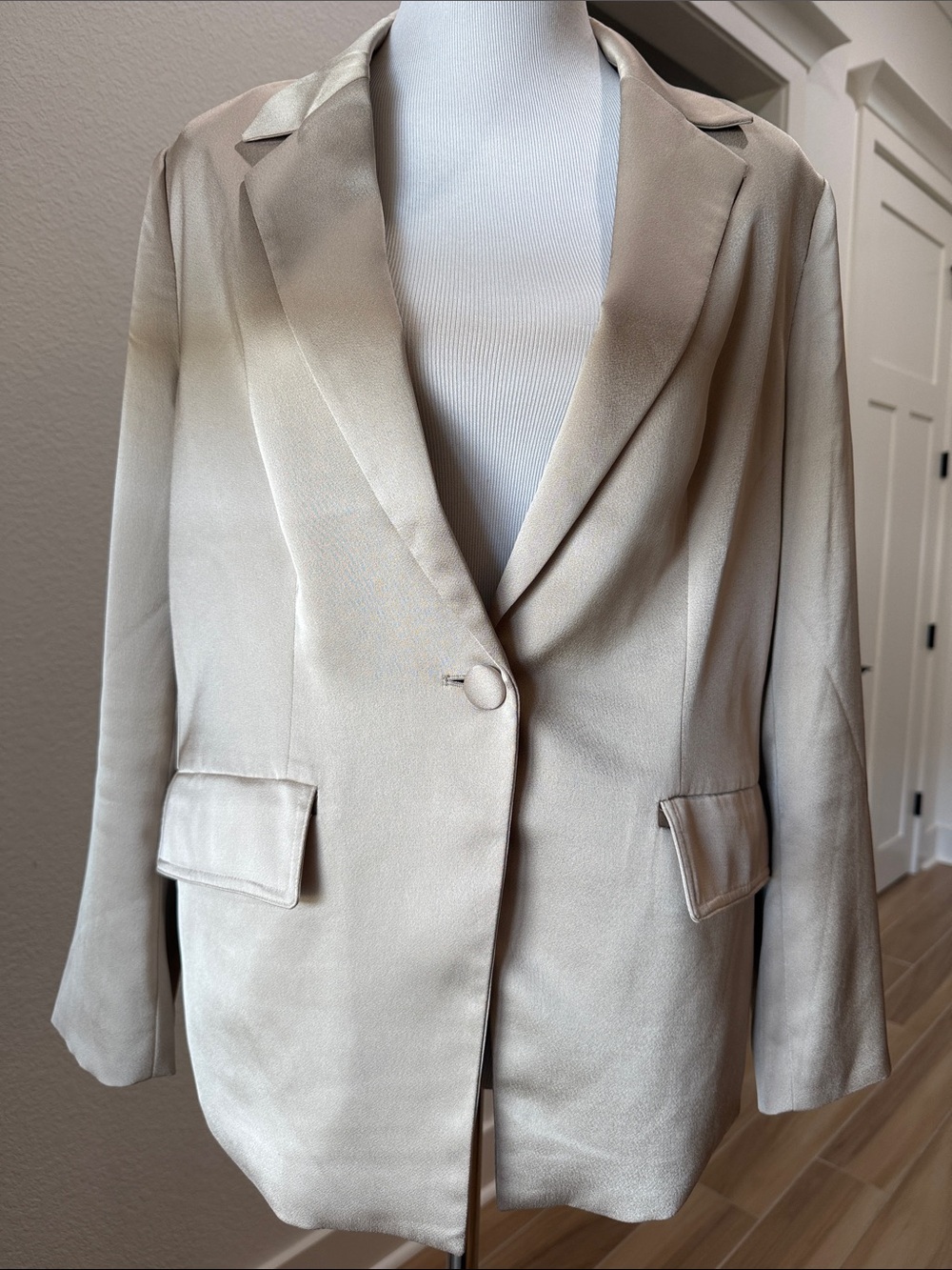 Black Label by Chicos Champagne Satin Single-Button Blazer